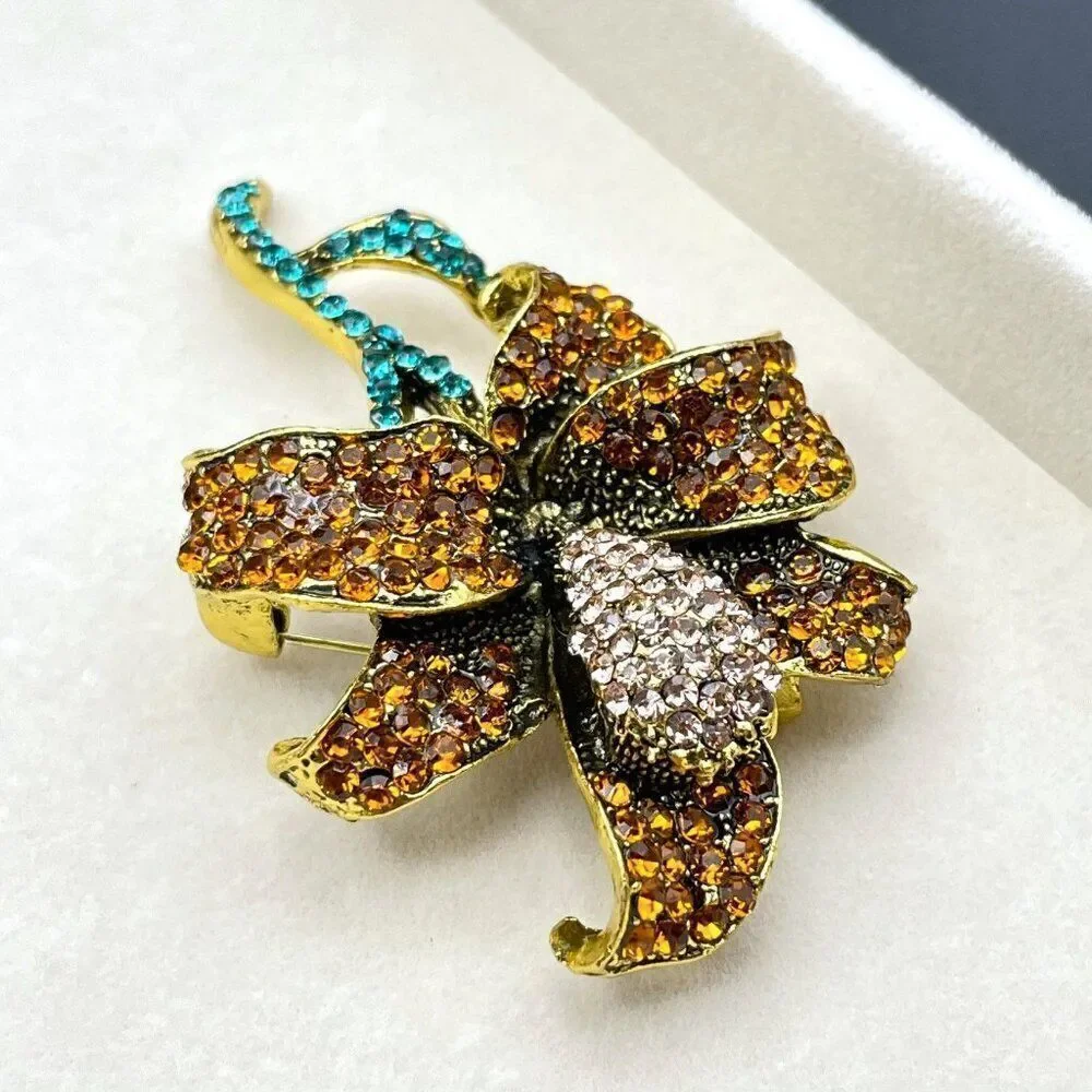 Yellow Gold with Burnt Orange and Champagne Crystal Lily Flower Pin Back Brooch